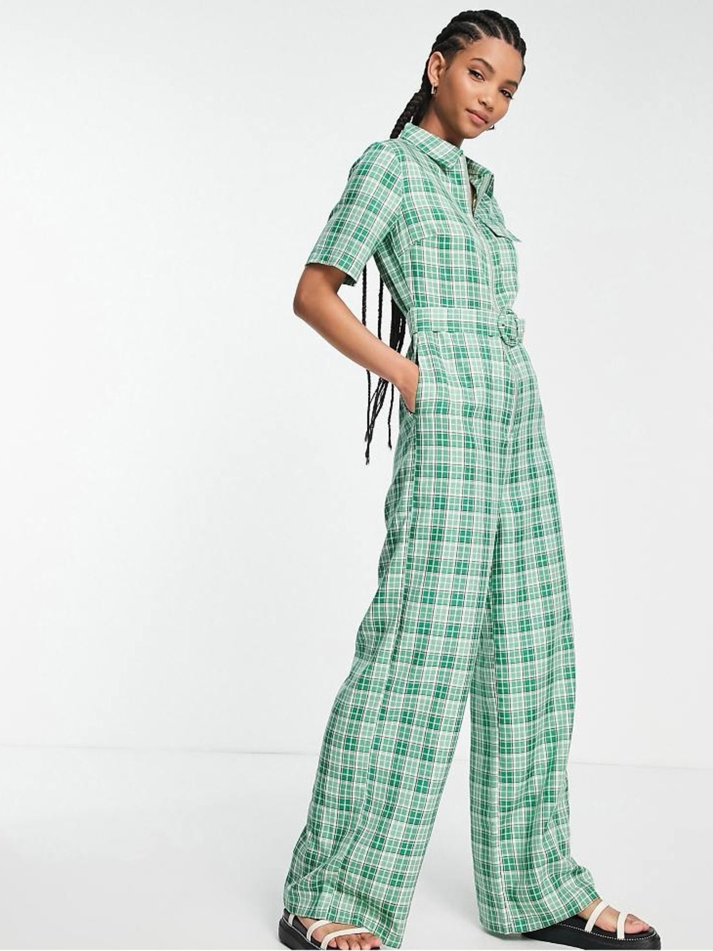 Green Plaid Short-Sleeve Wide-Leg Jumpsuit